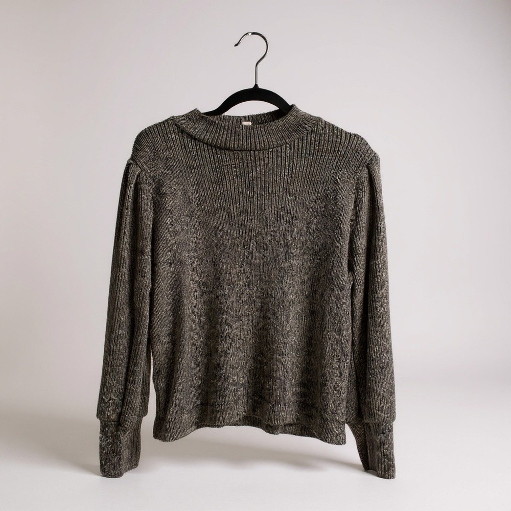 LOFT Sweater Metallic Ribbed‎ Mock Neck Gold Black Puff Sleeve XL Holiday Chic